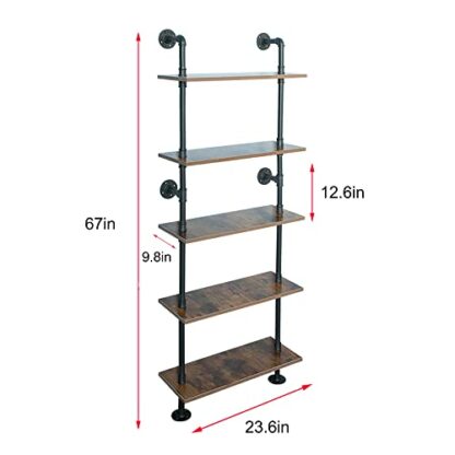 5 Shelf Industrial Pipe Shelving, Black Modern Bookcase Bookshelf, Wall Mount Ladder Shelf with Metal Frame Display Shelf 4 5 Shelf Industrial Pipe Shelving, Black Modern Bookcase Bookshelf, Wall Mount Ladder Shelf with Metal Frame Display Shelf - Image 4