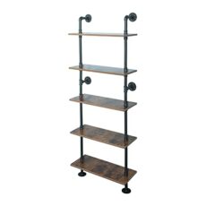 5 Shelf Industrial Pipe Shelving, Black Modern Bookcase Bookshelf, Wall Mount Ladder Shelf with Metal Frame Display Shelf