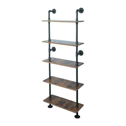 5 Shelf Industrial Pipe Shelving, Black Modern Bookcase Bookshelf, Wall Mount Ladder Shelf with Metal Frame Display Shelf 2 5 Shelf Industrial Pipe Shelving, Black Modern Bookcase Bookshelf, Wall Mount Ladder Shelf with Metal Frame Display Shelf - Image 2