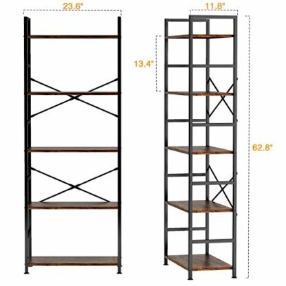 5-Tier Tall Bookcase, Rustic Wood and Metal Standing Bookshelf, Industrial Vintage Book Shelf Unit, Open Back Modern Office Bookcases - Image 3