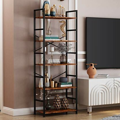 5-Tier Tall Bookcase, Rustic Wood and Metal Standing Bookshelf, Industrial Vintage Book Shelf Unit, Open Back Modern Office Bookcases - Image 4