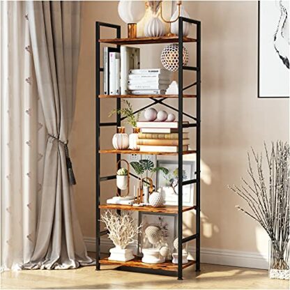 5-Tier Tall Bookcase, Rustic Wood and Metal Standing Bookshelf, Industrial Vintage Book Shelf Unit, Open Back Modern Office Bookcases - Image 2