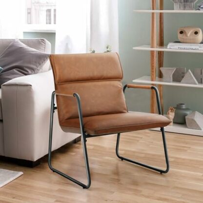 ALPHA HOME Steel Frame Leather Lounge Chair Mid Century Modern Relax Chair Soft Upholstered Reading Chair Armchair For Living Room Bedroom Study Up To 136 kg, Brown 3 ALPHA HOME Steel Frame Leather Lounge Chair Mid Century Modern Relax Chair Soft Upholstered Reading Chair Armchair For Living Room Bedroom Study Up To 136 kg, Brown - Image 3