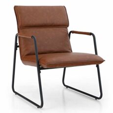 ALPHA HOME Steel Frame Leather Lounge Chair Mid Century Modern Relax Chair Soft Upholstered Reading Chair Armchair For Living Room Bedroom Study Up To 136 kg, Brown