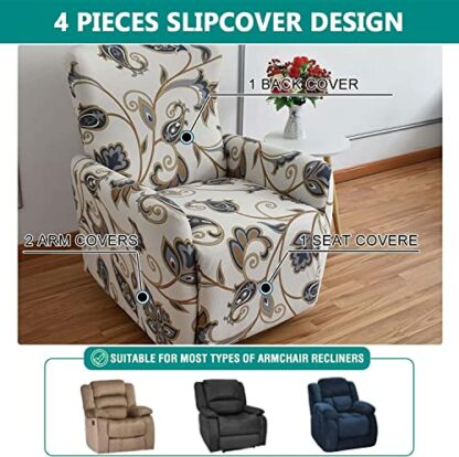 AQIGR Recliner Stretch Slipcovers 4-Pieces,Printed Sofa Cover 4-Piece Lazy Boy Chair Covers 1Seat Slipcover Furniture Protector Leather Recliner Chair Cover for Rocking Recliner - Image 4