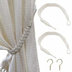 AUTUUCKEE 2 Pcs Curtain Tieback, Braided Curtain Tiebacks Curtain Tie Polyester, Hand-Woven Rope Curtain Holdbacks with 2Pcs Metal Hook, for Home Bedroom Office Curtain Decor(Beige)