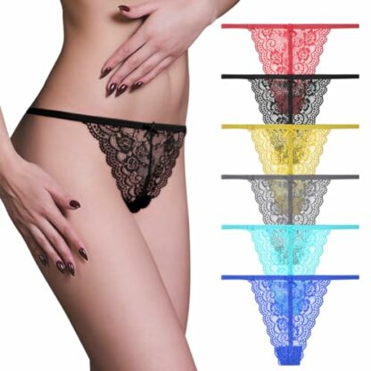 AUYAO 6 Pack Lace Thongs for Women, Lacy G-String Thongs No Show Panties, Multicolor Lace Panties G-Strings, See Through Lingerie Teddy Lingerie Lace Bikini Panties, Ladies Low Waist Sheer Panties - Image 2