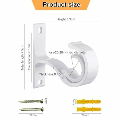 AZWOOD Adjustable Curtain Pole Bracket, Heavy Duty Curtain Rail Brackets, Ceiling Hanging Drapery Rod Holder Closet Wardrobe Supports Hooks Fixing Rod Bracket with Screw ​for ø20-28mm Rods - Image 3