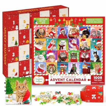 Advent Calendar 2024 - Christmas Cat Jigsaw Puzzles 1008 Pieces Advent Jigsaw for Kids and Adults, 24 Boxes Christmas Countdown Calendar Christmas Puzzle Gift for Him Her - Image 2