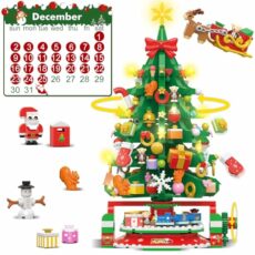 Advent Calendar 2024 Rotating Christmas Tree with LED Light Building Set, 24 Days Countdown Mini Building Blocks Include Santa and Train, XMAS Home Decor Party Favor Gift for Adults Kids 8+(1145PCS)
