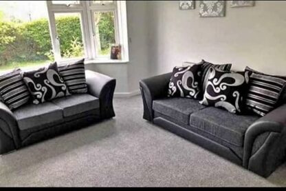 Amazing Sofas 3+2 SHANNON FARROW LARGE SOFA CHENILLE FABRIC GREY BLACK/BROWN BEIGE (GREY BLACK). Fire resistant as per British Standards, foam filled seats for comfort. - Image 2