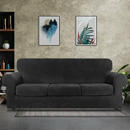 Asnomy Couch Covers for 3 Cushion Couch Sofa Loveseat Cover Velvet Stretch Slipcovers for Dogs Cats ,3 Seat Cushion Furniture Protector Machine Washable(Large, Black 3 Asnomy Couch Covers for 3 Cushion Couch Sofa Loveseat Cover Velvet Stretch Slipcovers for Dogs Cats ,3 Seat Cushion Furniture Protector Machine Washable(Large, Black - Image 3