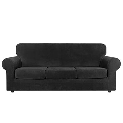 Asnomy Couch Covers for 3 Cushion Couch Sofa Loveseat Cover Velvet Stretch Slipcovers for Dogs Cats ,3 Seat Cushion Furniture Protector Machine Washable(Large, Black 2 Asnomy Couch Covers for 3 Cushion Couch Sofa Loveseat Cover Velvet Stretch Slipcovers for Dogs Cats ,3 Seat Cushion Furniture Protector Machine Washable(Large, Black - Image 2