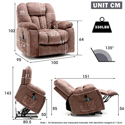 BTM Power Lift Chair Electric Recliner for Elderly Heated Vibration Massage Fabric Sofa Reclining Chair Motorized Living Room Chair with Side Pocket Cup Holders, USB Charge Port& Remote Control - Image 4