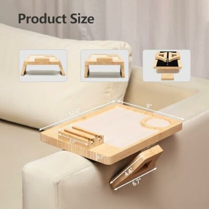 Bamboo Sofa Clip on Side Table for Wide Couches Arm, Foldable Couch Arm Table with 360°Rotating Slot Width 0.04 inches Phone Holder and Washable Silicone Pad, Sofa Arm Tray for TV Dinners, Remotes - Image 3