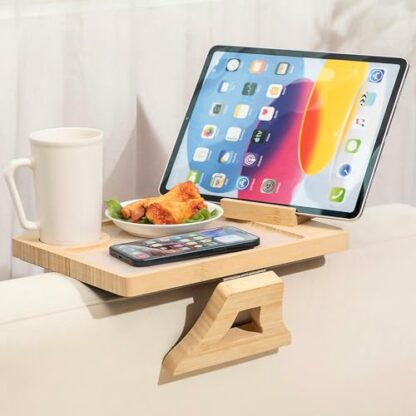 Bamboo Sofa Clip on Side Table for Wide Couches Arm, Foldable Couch Arm Table with 360°Rotating Slot Width 0.04 inches Phone Holder and Washable Silicone Pad, Sofa Arm Tray for TV Dinners, Remotes - Image 2