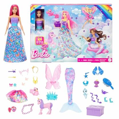 Barbie Advent Calendar with Doll & 24 Surprise Accessories Including Unicorn & 3 Pets, Transform Pink-Haired Fashion Doll into Mermaid, Fairy & More, HRG90 2 Barbie Advent Calendar with Doll & 24 Surprise Accessories Including Unicorn & 3 Pets, Transform Pink-Haired Fashion Doll into Mermaid, Fairy & More, HRG90 - Image 2