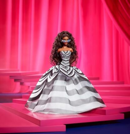 Barbie Signature Doll, 65th Anniversary Collectible with Brown Braided Hair, Black and White Gown, Sapphire Gem Earrings and Sunglasses, HRM59 3 Barbie Signature Doll, 65th Anniversary Collectible with Brown Braided Hair, Black and White Gown, Sapphire Gem Earrings and Sunglasses, HRM59 - Image 3