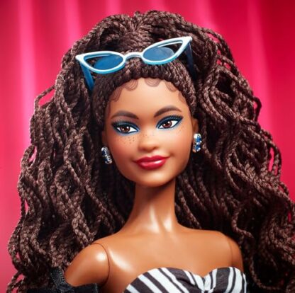 Barbie Signature Doll, 65th Anniversary Collectible with Brown Braided Hair, Black and White Gown, Sapphire Gem Earrings and Sunglasses, HRM59 4 Barbie Signature Doll, 65th Anniversary Collectible with Brown Braided Hair, Black and White Gown, Sapphire Gem Earrings and Sunglasses, HRM59 - Image 4
