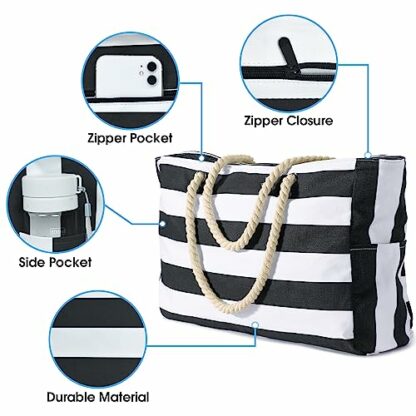 Becokan Beach Bags for Women, Large Waterproof Beach Tote Bag Zipper Beach Bags Waterproof Sandproof Swim Pool Bag Large Tote, Black, L - Image 3