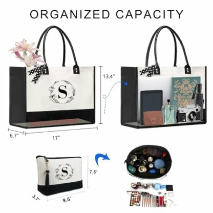 BeeGreen Initial Canvas Tote Bags Personalized Birthday Gift for Women, Embroidery Monogram with Leather Handle - Image 3