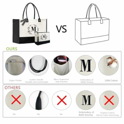 BeeGreen Initial Canvas Tote Bags Personalized Birthday Gift for Women, Embroidery Monogram with Leather Handle - Image 4