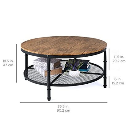 Best Choice Products 2-Tier Round Coffee Table, Rustic Steel Accent Table w/Wooden Tabletop, Padded Feet, Open Shelf - Image 3