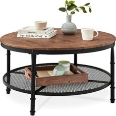 Best Choice Products 2-Tier Round Coffee Table, Rustic Steel Accent Table w/Wooden Tabletop, Padded Feet, Open Shelf