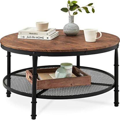 Best Choice Products 2-Tier Round Coffee Table, Rustic Steel Accent Table w/Wooden Tabletop, Padded Feet, Open Shelf - Image 2