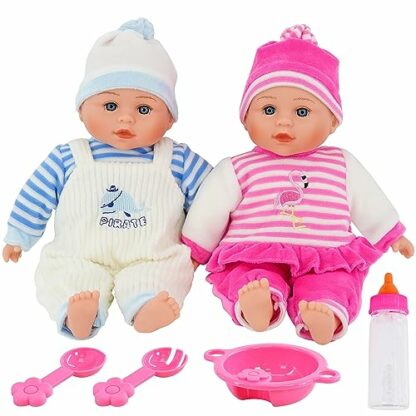 Bibi Doll - 13” Twin Baby Girl Boy Twins Dolls Set With Sounds Feeding Set & Magic Bottle 2 Bibi Doll - 13” Twin Baby Girl Boy Twins Dolls Set With Sounds Feeding Set & Magic Bottle - Image 2