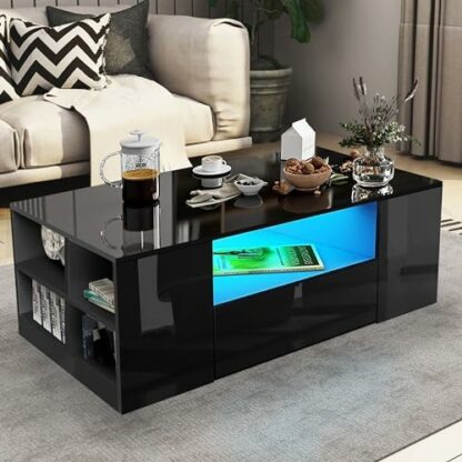 Blisswood Coffee Table with LED Lights Coffee Table with Storage, High Gloss Coffee Table with LED Lights, Coffee Table for Living Room Rectangle Centre Table - Image 3