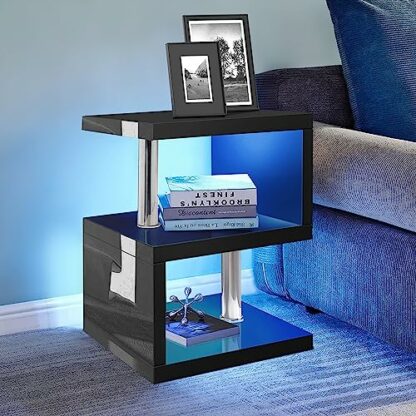 Blisswood High Gloss Bedside Table Small Side table With Storage Shelves, 2 Tier Sofa End Table With Led RGB Lights Ractangle Nightstand For Hallway Furniture - Image 3