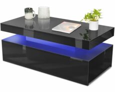 Blisswood Led Coffee Table With 2 Drawer Storage, High Gloss Coffee Table For Living Room Wooden Centre Table With RGB Led Lights Rectangle Tea Table For Living Room Furniture