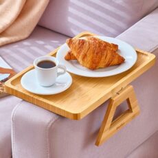 BroAll Couch Arm Tray – Natural Bamboo Arm Chair Table Tray – Clip-On Sofa Arm Tray Table – Anti-Slip Couch Arm Table Tray with Rubber Grip – Ideal for Food, Snacks, Drinks, Books