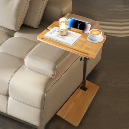 C-Shaped Side Table, Over Bed Table Adjustable Height Couch Side End Table 360° Swivel, Bedside Table Sofa Table with Phone Holder, Bamboo Bathtub Tray Table for Living Room Sofa Couch Bedrooom - Image 3