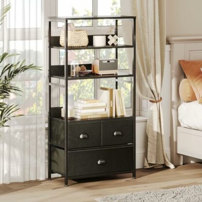 CAIYUN 4-Tier Bookshelf with 3 Drawers, Vertical Dresser Organizer, Storage Shelf for Books, Photos, Decorations in Living Room, Office, Bedroom,Kitchen, Sturdy Metal Frame,Wood Top - Image 3