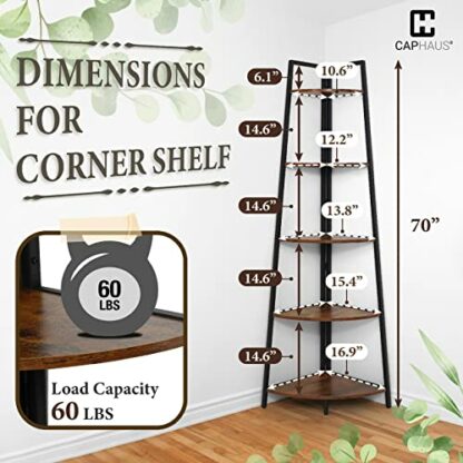 CAPHAUS Tall Corner Shelf Stand, 5-Tier Display Shelves, Ladder Corner Wood Storage Plant Bookshelf with Metal Frame, Versatile Shelving Unit Bookcase for Home Office Space, Rustic Oak - Image 3