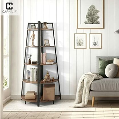 CAPHAUS Tall Corner Shelf Stand, 5-Tier Display Shelves, Ladder Corner Wood Storage Plant Bookshelf with Metal Frame, Versatile Shelving Unit Bookcase for Home Office Space, Rustic Oak - Image 4