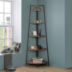 CAPHAUS Tall Corner Shelf Stand, 5-Tier Display Shelves, Ladder Corner Wood Storage Plant Bookshelf with Metal Frame, Versatile Shelving Unit Bookcase for Home Office Space, Rustic Oak