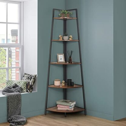 CAPHAUS Tall Corner Shelf Stand, 5-Tier Display Shelves, Ladder Corner Wood Storage Plant Bookshelf with Metal Frame, Versatile Shelving Unit Bookcase for Home Office Space, Rustic Oak - Image 2