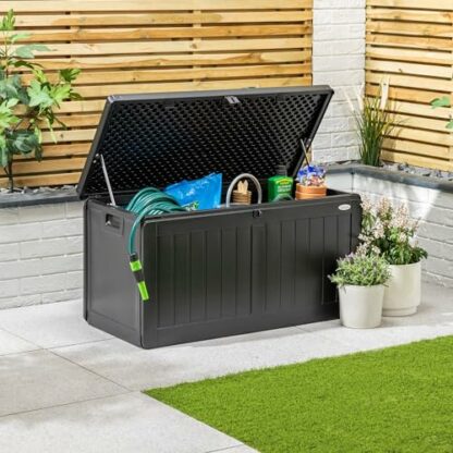 CHRISTOW Waterproof Garden Storage Box With Lockable Lid, Plastic Wood Effect Outdoor Storage Box, Aluminium Hinges, 190L - Image 3