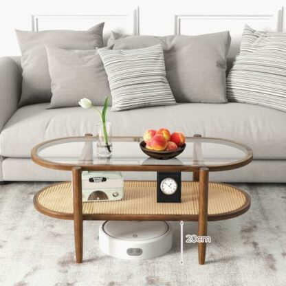 COSTWAY 2-Tier Coffee Table, Tempered Glass Cocktail Snack Tea Center Table with PE Rattan Storage Shelf, Acacia Wood Frame Accent Sofa End Side Table for Living Room, Bedroom and Office - Image 3