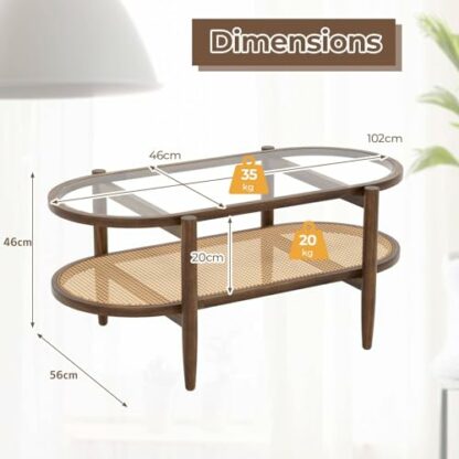 COSTWAY 2-Tier Coffee Table, Tempered Glass Cocktail Snack Tea Center Table with PE Rattan Storage Shelf, Acacia Wood Frame Accent Sofa End Side Table for Living Room, Bedroom and Office - Image 4