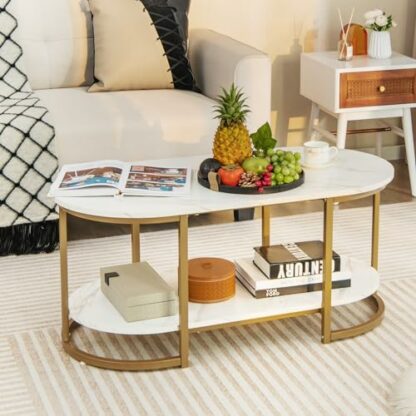 COSTWAY Faux Marble Coffee Table, Modern 2-Tier Center Table with Wide Tabletop & Open Storage Shelf, Gold Frame Oval Cocktail Table for Living Room Bedroom - Image 3