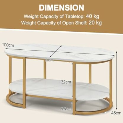 COSTWAY Faux Marble Coffee Table, Modern 2-Tier Center Table with Wide Tabletop & Open Storage Shelf, Gold Frame Oval Cocktail Table for Living Room Bedroom - Image 4