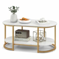 COSTWAY Faux Marble Coffee Table, Modern 2-Tier Center Table with Wide Tabletop & Open Storage Shelf, Gold Frame Oval Cocktail Table for Living Room Bedroom