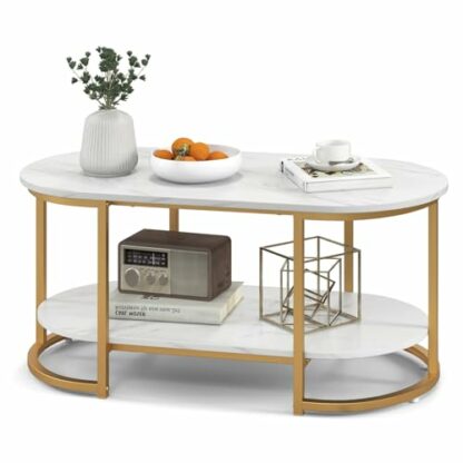 COSTWAY Faux Marble Coffee Table, Modern 2-Tier Center Table with Wide Tabletop & Open Storage Shelf, Gold Frame Oval Cocktail Table for Living Room Bedroom - Image 2