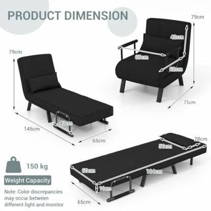 COSTWAY Folding Sofa Bed, 4-in-1 Convertible Single Sofa Chair Bed with 6-Position Adjustable Backrest and Pillow, Padded Seat Lounge Couch Guest Sleeper Recliner Armchair for Living Room - Image 4
