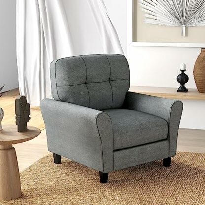 COSTWAY Modern Accent Chair, Tufted Upholstered Lounge Armchair Single Sofa with Cushions, Comfy Linen Fabric Occasional Fireside Chair for Living Room Bedroom Office, Grey 3 COSTWAY Modern Accent Chair, Tufted Upholstered Lounge Armchair Single Sofa with Cushions, Comfy Linen Fabric Occasional Fireside Chair for Living Room Bedroom Office, Grey - Image 3