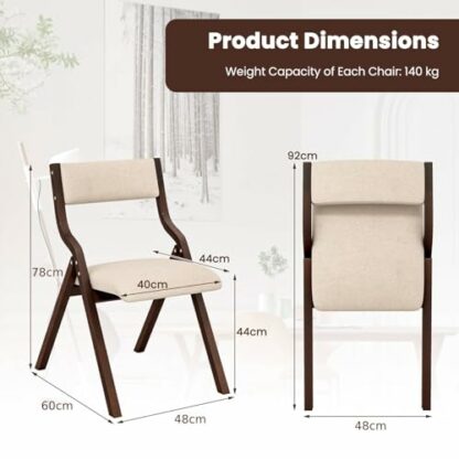 COSTWAY Padded Folding Chair Set of 2, Wooden Counter Dining Chairs with Linen Fabric Seat, Backrest & Anti-slip Footpads, Modern Upholstered Kitchen Office Conference Seats - Image 4